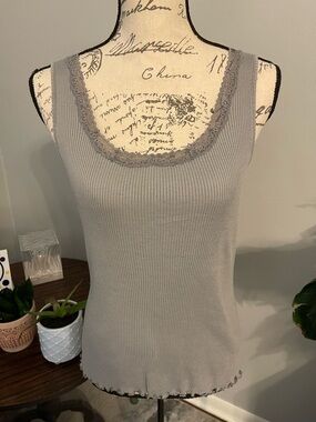 Source Unknown Ribbed Lace-Trim Tank Top - Gray